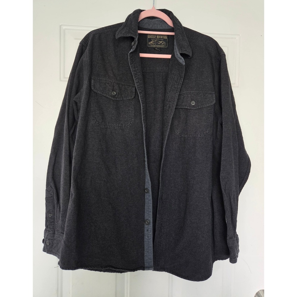 Grizzly Mountain Mens Large Charcoal Gray Flannel Button Down Shirt Long Sleeve